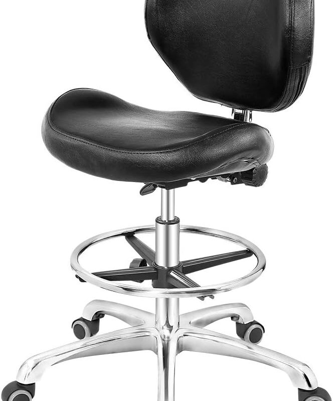 Drafting Chair Adjustable Tall Shop Stool, Rolling Chair with Backrest and Footrest for Computer, Studio, Workshop, Classroom, Lab, Counter, Home Office (Black)