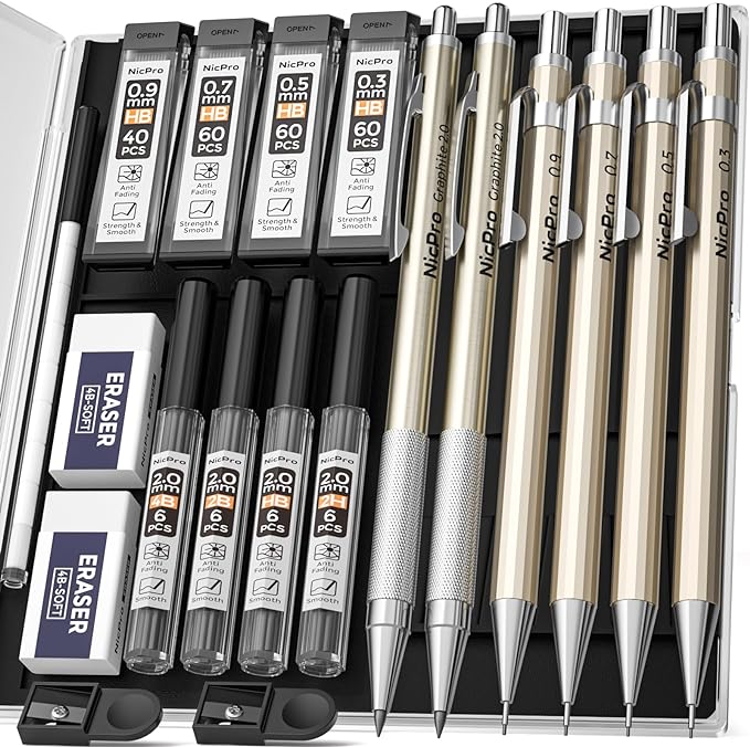 Nicpro Art Mechanical Pencil Set - 0.3, 0.5, 0.7, 0.9mm Pencils, 2mm Lead Holders, Lead Refills, Eraser, Case - For Drawing, Sketching, Writing