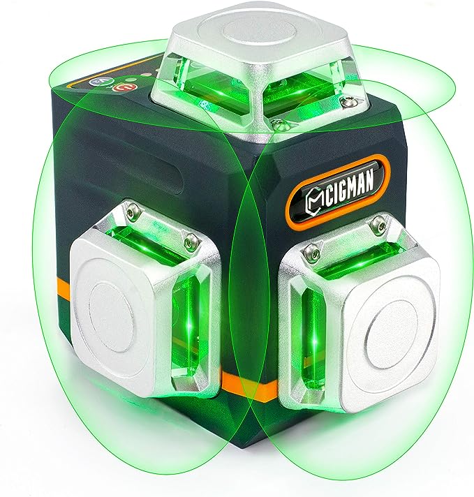 CIGMAN Laser Level Self Leveling 3x360° 3D Green Cross Line for Construction and Picture Hanging, Rechargeable battery, Remote Controller, Magnetic Rotating Stand Included
