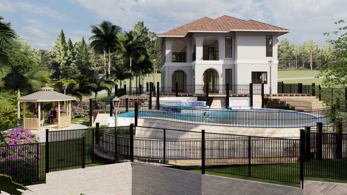 Backyard pool at a house, surrounded by lush greenery. architectural design 3d rendering 