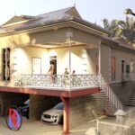 A stunning architectural masterpiece showcasing a luxurious house with a sleek car parked gracefully on the street.