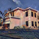 An oil painting of a spacious house amidst a field, showcasing the expertise of 3D architects in design and rendering